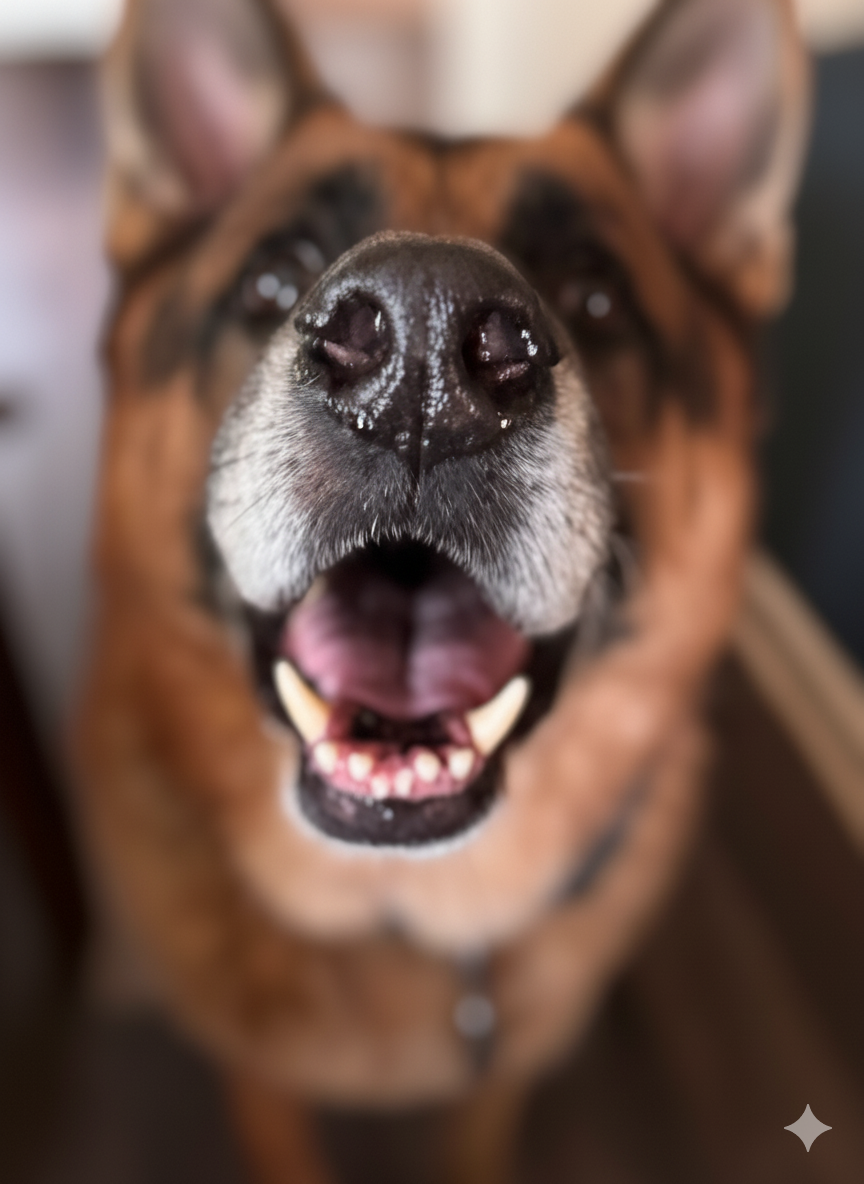 Close‑up of a dog’s nose and smile